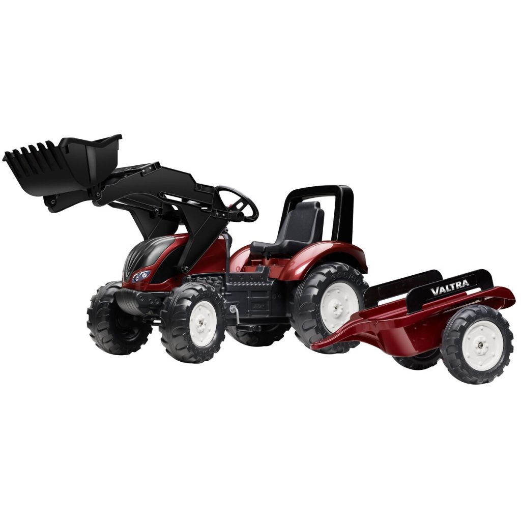 Pedāļu traktors valtra ar piekabi un frontālo iekrāvēju
