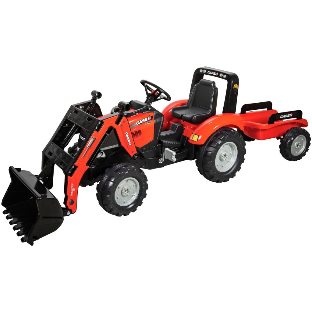 Pedāļu traktors ar iekrāvēju un piekabi