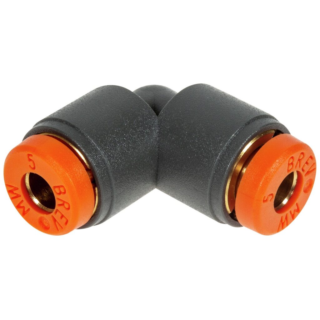 PUSH-IN SAVIENOJUMS 5 MM 90 ELKONIS NO TEHNOPOLIMĒRA R21IP