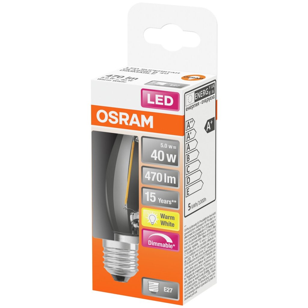Led classic retrofit b caurspīdīgs 40 dim 5w/827 e27