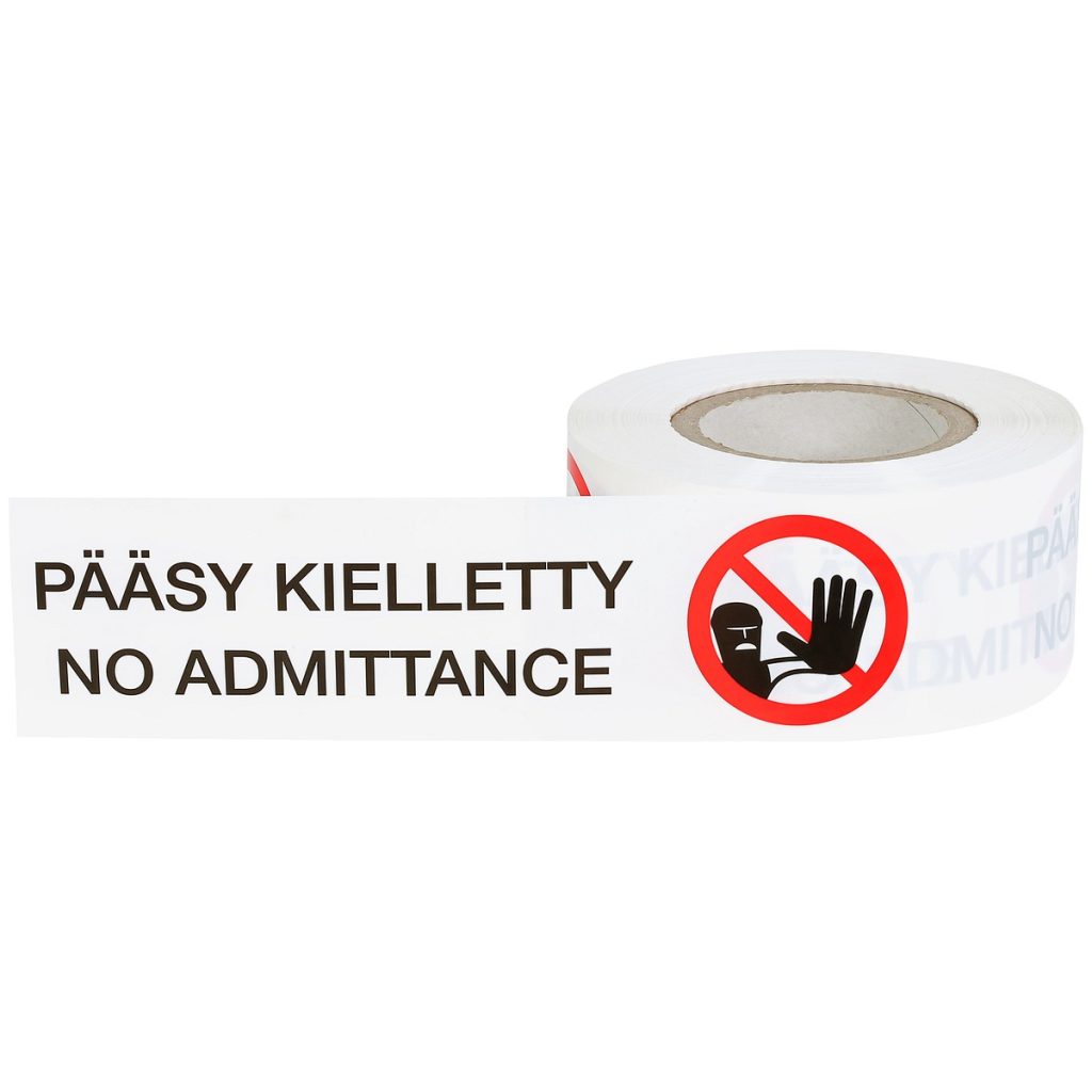 Brīdinājuma lenta “PÄÄSY KIELLETTY / NO ADMITTANCE”, 75 mm × 150 m
